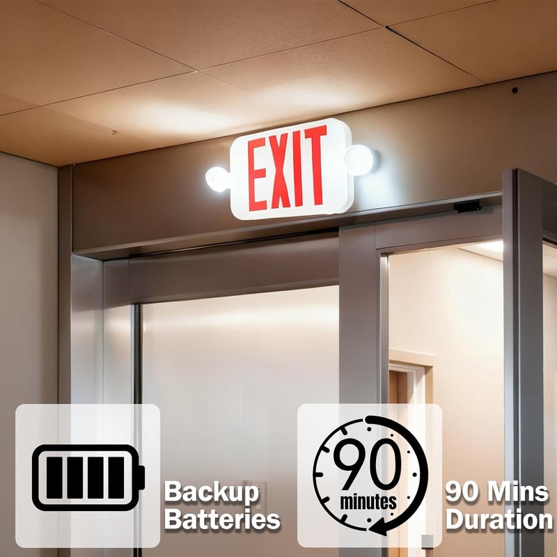 LIT-PaTH LED Combo EXIT Sign with 2 Adjustable Head Lights and Double Face, Back Up Batteries- US Standard Red Letter Emergency Exit Lighting, UL 924 and CEC Qualified, 120-277 Voltage, 4-Pack - Image 3